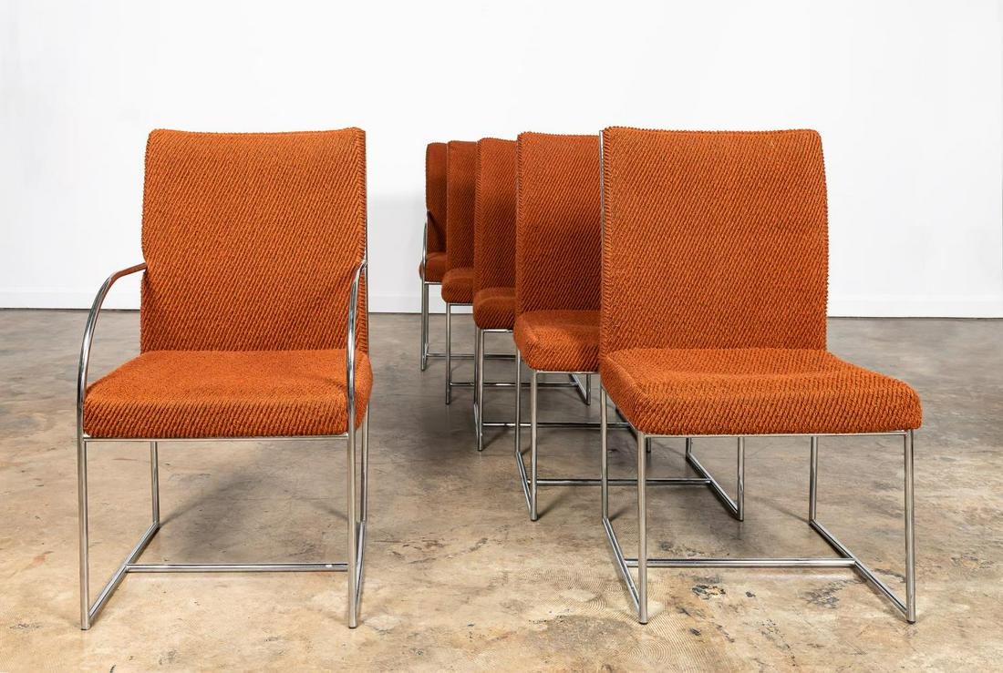 SIX CHROME & UPHOLSTERED THAYER COGGIN CHAIRS: Milo Baughman for Thayer Coggin, mid 20th century. Set of six chrome dining chairs in burnt orange upholstery, comprising of two arm chairs and four side chairs. Maker's label to underside. Approx. h.