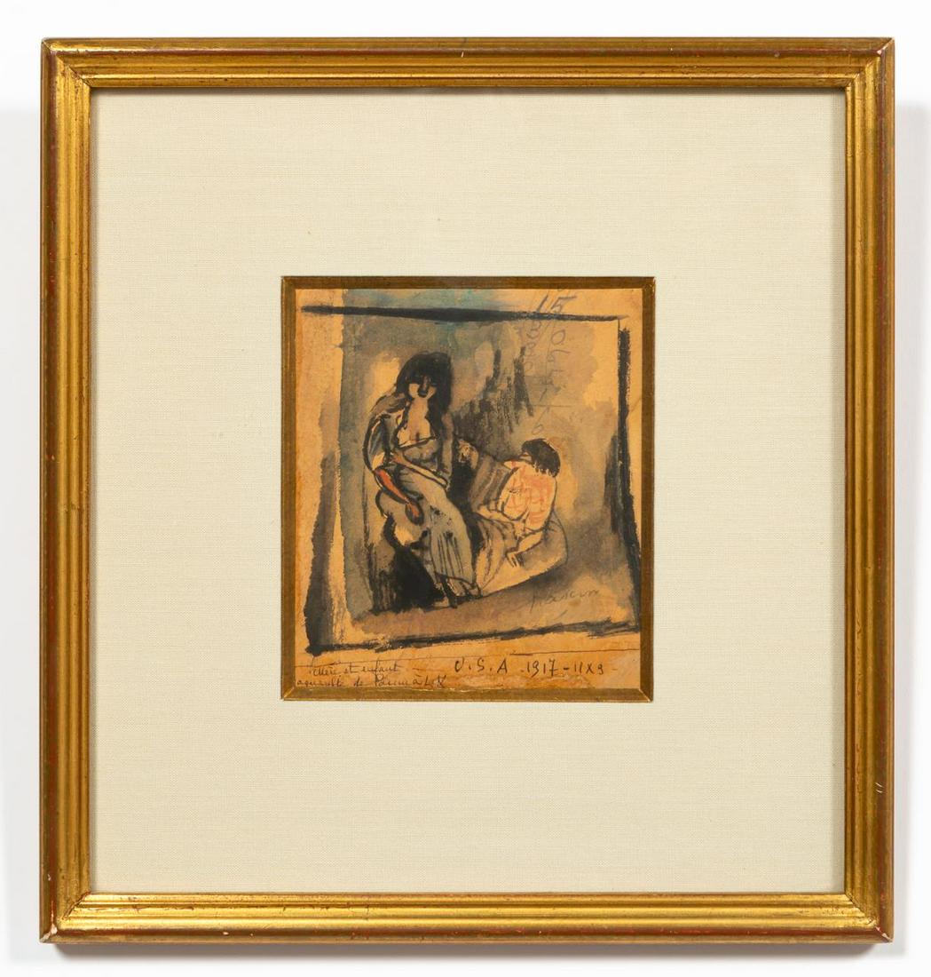 JULES PASCIN, MODERN PORTRAIT OF MOTHER AND CHILD: Jules Pascin (French/New York, 1885-1930). "Mere et Enfant (Mother and Child)" -1917, watercolor. Signed lower right, titled, dated and inscribed "U.S.A." lower margin, Forum Gallery, New York label v