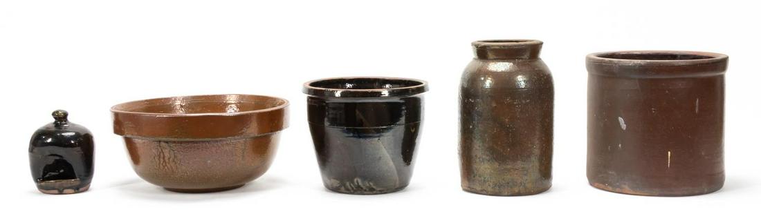 GROUP OF FIVE SOUTHERN POTTERY VESSELS, HEWELL: American South, 19th/20th century. Collection of pottery, Georgia and others, comprising preserve storage jar (h. 10.25"), mixing bowl (dia 12.25"), cream riser (blue john bowl) (h. 7.25"), cylindrica