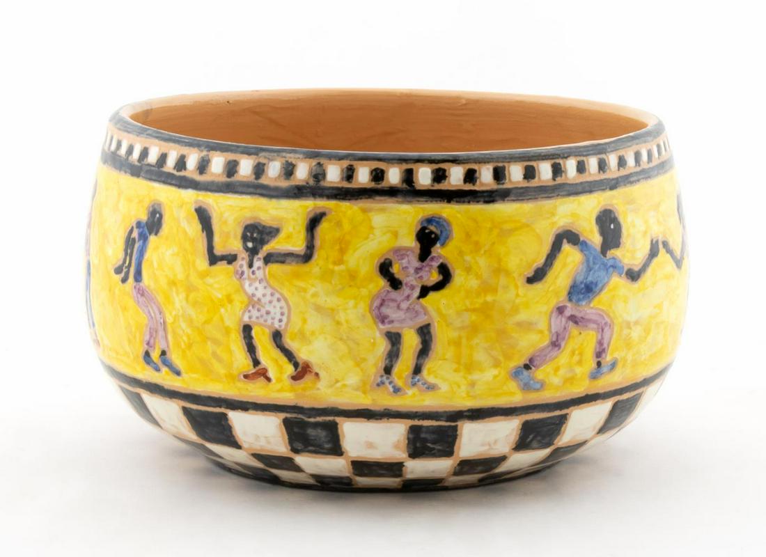 SHEARWATER CERAMIC BOWL, SOUTHERN POTTERY, 1983: Shearwater Pottery, Ocean Springs, Mississippi, 1983. Decorated by James McConnell "Mac" Anderson (Born New Orleans, 1907-1998), depicted street scene with joyful dancing African American figures. Mar