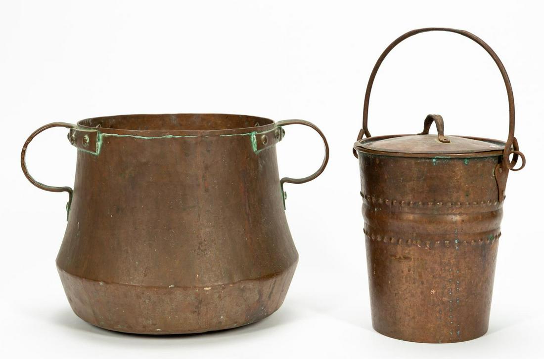 2 PCS, ANTIQUE COPPER, CANDY KETTLE, LIDDED POT: Collection of copper cookware comprising hand hammered two handled copper candy pot and tall handled pot with lid. Apparently unmarked. Approx. h. 10.25" (tallest)