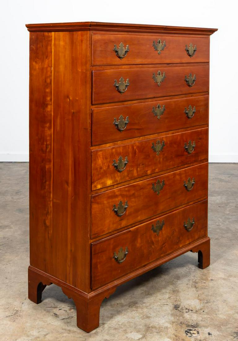 18TH C. AMERICAN CHIPPENDALE GENTLEMAN: American, late 18th century. Cherry Chippendale gentleman's chest having six-drawers with brass hardware, and rising on bracket feet. Unmarked.