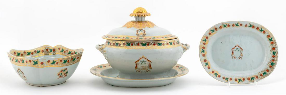 4PCS, STRAWBERRY PATTERN EXPORT DINNERWARE: Chinese. Export armorial porcelain partial serving set in the Strawberry pattern comprising platter (w. 11.25"), bowl (w. 11"), lidded tureen (h. 11"), and underplate (14.5"). Apparently unmarked.