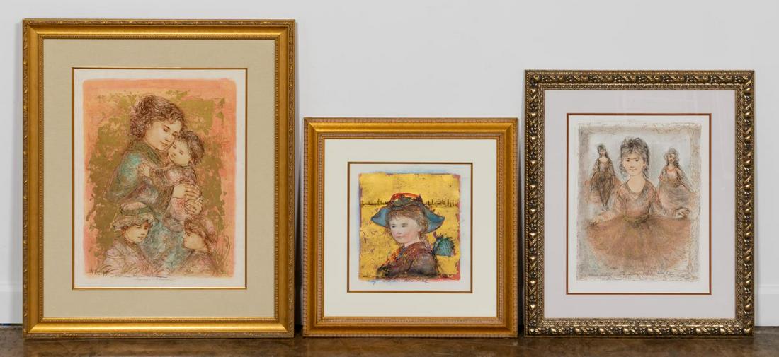 3 PCS, EDNA HIBEL, EMBELLISHED PRINTS, FRAMED: Edna Hibel Plotkin (American/Massachusetts, 1917-2015). Collection of three embellished prints comprising "Emily", "Marina" (artist's proof), and "Mother and Children"(numbered "IX 15/17 231"). All pe
