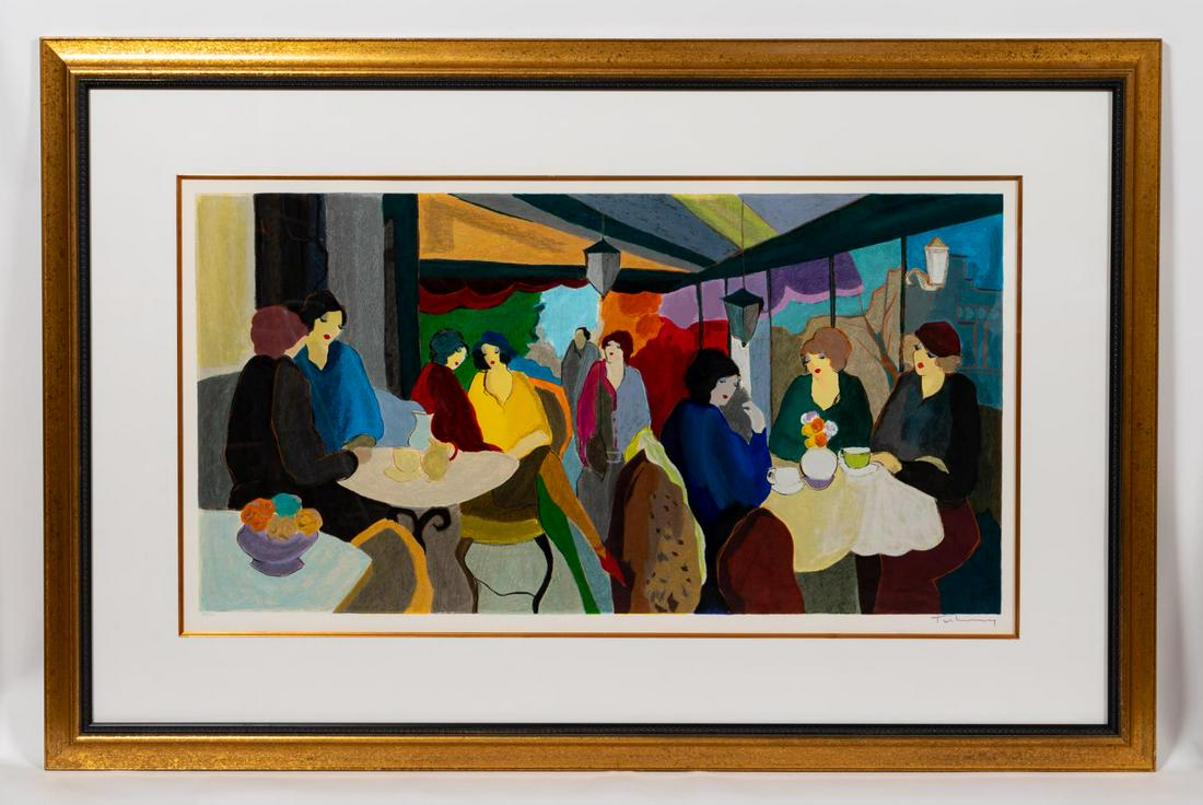 ITZCHAK TARKAY, CAFE SCENE, SERIGRAPH. FRAMED: Itzchak Isaac Tarkay (Serbian/Israel, 1935-2012). "St. Germain", serigraph. Pencil signed and numbered 101/350. Approx. 40" x 60.75" (frame), 24.75" x 45.25" (sight)