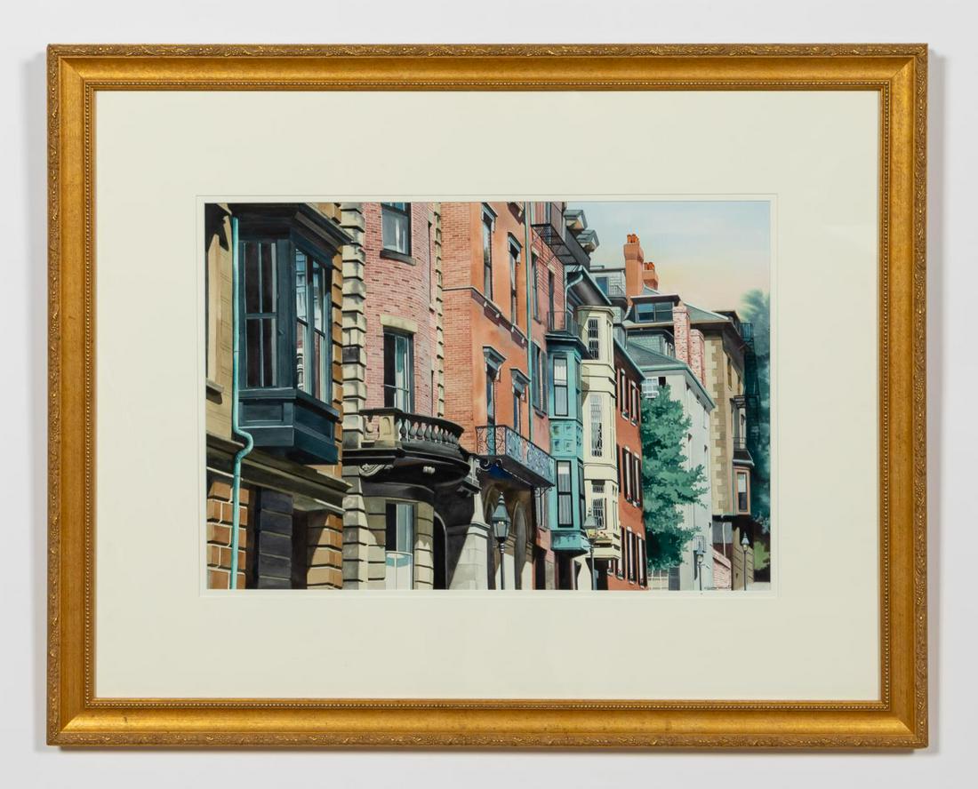 GARY CURTIS, BOSTON WATERCOLOR, FRAME, 1993: Gary Curtis (American, 20th century). "Beacon Hill" -1993, watercolor. Signed lower right, titled and dated on label verso. Approx. 32" x 39.75" (frame), 17.5" x 25.5" (sight)