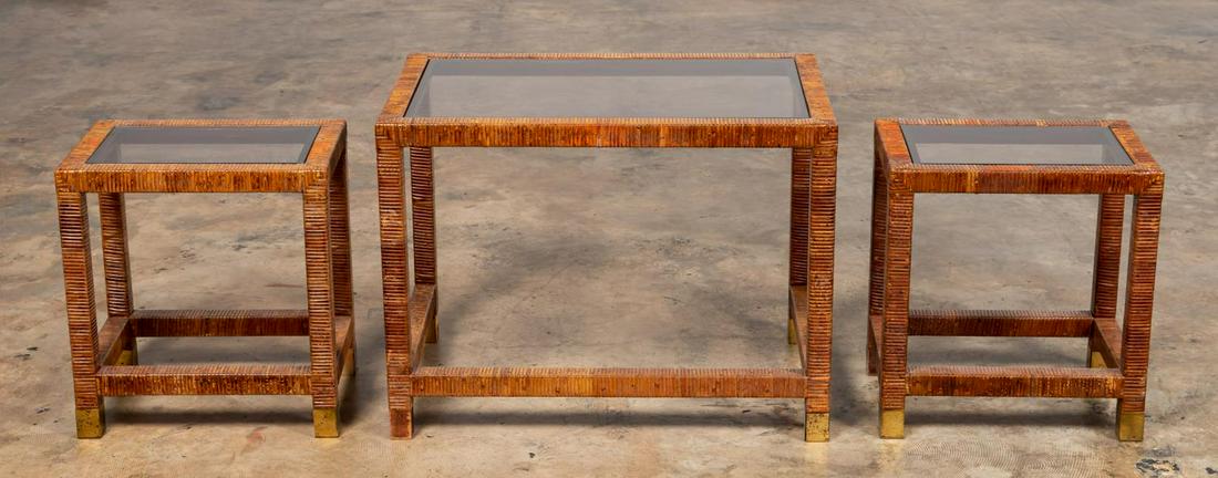 BIELECKY BROS. CANE & GLASS NESTING TABLES: Attributed Bielecky Brothers (American, founded 1903), second half 20th century. Cane and glass nesting tables comprising of one rectangular and two square tables with brass feet. Apparently unmarked.