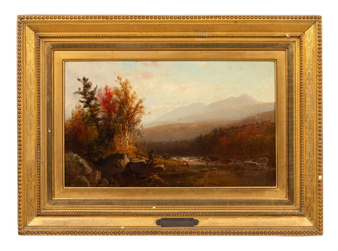 WILLIAM HART, 19TH C OIL ON CANVAS, GILTWOOD FRAME: William Hart (Scottish/New York, 1823-1894). "River Landscape", oil on canvas. Signed lower left, period giltwood frame. Approx. 15.25" X 21.25" (frame), 9" x 15" (canvas)