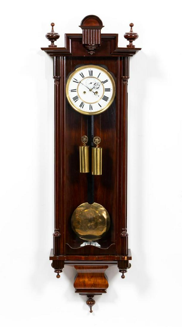 REGULATOR WALL CLOCK WITH WEIGHTS & PENDULUM: Likely American, 19th/early 20th century. Regulator clock having architectural case, two weights and a pendulum. Apparently unmarked. Approx. h. 45".