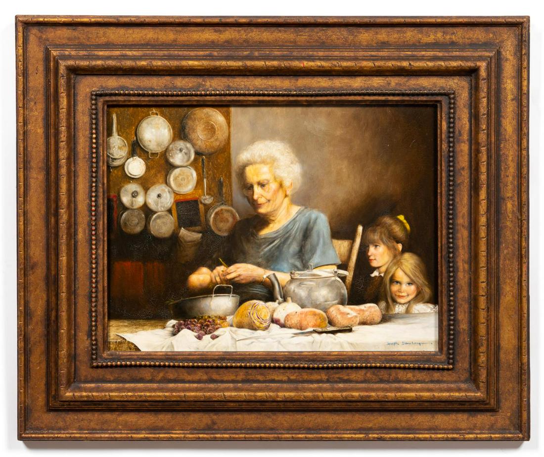 JOSEPH DAWLEY, COOKING WITH GRANDMA, OIL, FRAMED: Joseph Dawley (American/New Jersey. 1936-2008). "Cooking with Grandma", oil on masonite. Signed lower right. Approx. 22" x 26.75" (frame), 13.25" x 17.75" (panel)
