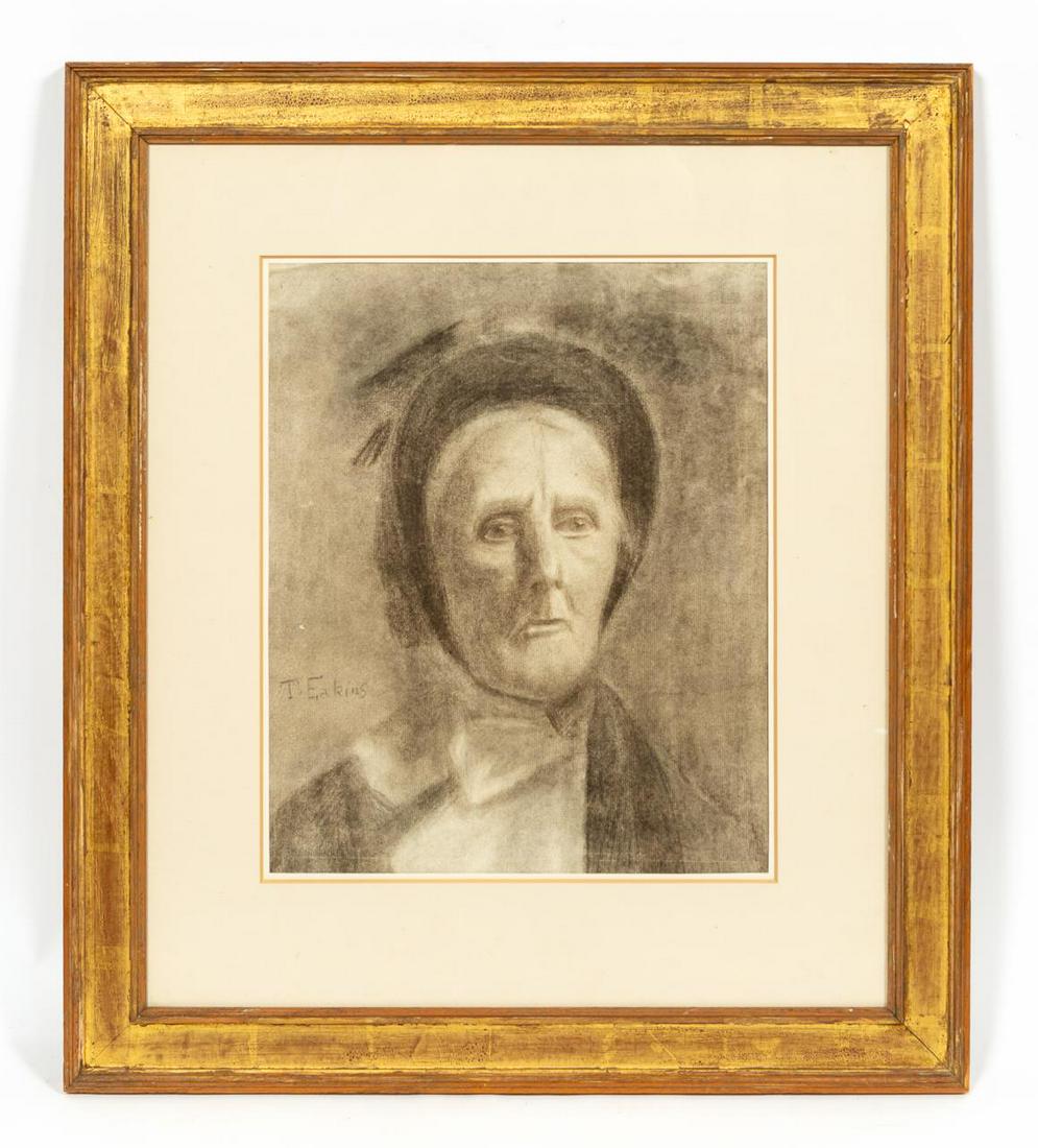 THOMAS EAKINS PORTRAIT OF A LADY, CHARCOAL, FRAMED: Thomas Eakins(American/Pennsylvania, 1844-1916). "Head of an Old Woman", charcoal on paper. Signed lower left. Approx. 27.25" x 23.75" (frame), 16.125" x 13.125" (sight)