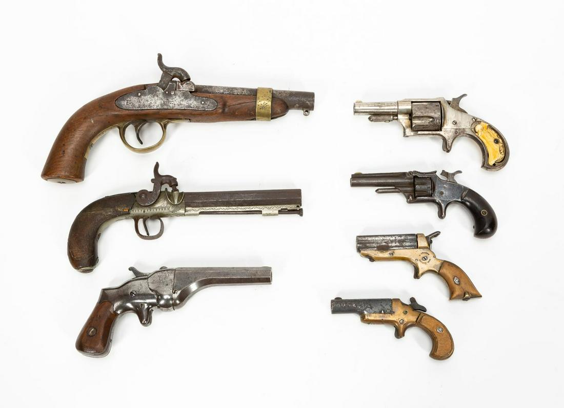 GROUP OF SEVEN AMERICAN & EUROPEAN GUNS: Group of seven guns comprising of one Sharps & Co breech loading four shot pepperbox, one colt derringer 41 cal, one Smith & Wesson seven shot revolver circa 1860, Remington No. 4 Spur trigger pocket 