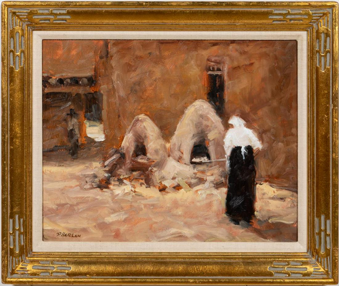DAVID HARLAN, "BAKING DAY", OIL ON PANEL, FRAMED: David Harlan (American/Kansas, b. 1933). "Baking Day", oil on panel. Signed lower left, titled, and signed verso, Bennett Street Gallery label verso. Approx. 21.25" x 25.25" (frame) 16" x 20" (panel)