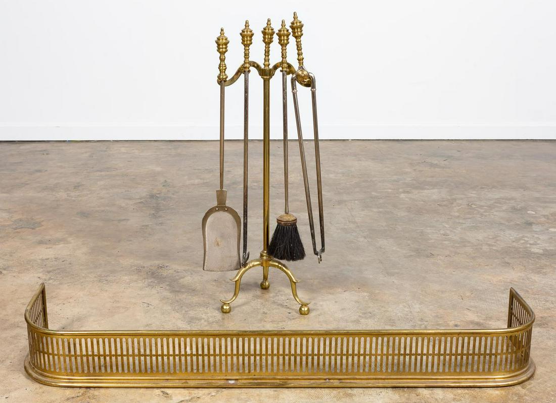 WM. JACKSON BRASS FIRE FENDER WITH TOOLS, 6PCS: William H. Jackson Co. (American, founded 1827), 20th century. 'D' form pierced brass fireplace fender in the Regency taste together with a four-piece brass and steel tool set (tongs, brush, poker and
