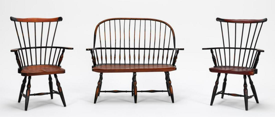 3 PCS, MINIATURE WINDSOR BENCH & PAIR OF CHAIRS: Contemporary. Group of three pieces of miniature pieces of wooden Windsor furniture comprising a bow back bench and a pair of fan back arm chairs, all having a distressed black painted finish with che