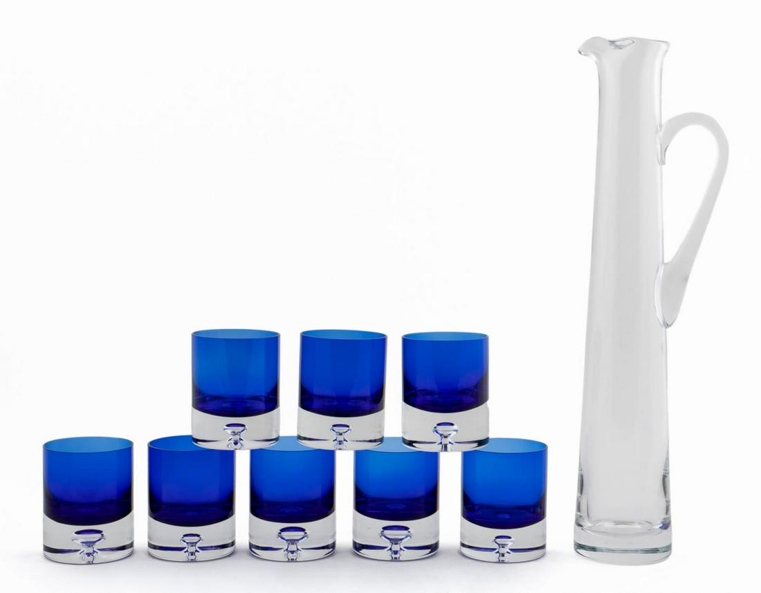 9 PCS, WILLIAM YEOWARD, BLOCK TUMBLERS, COBALT: William Yeoward (British, founded 1983) retailed by Tiffany and Co, "Lillian" pattern tall cocktail jug in box, together with Block, set of eight "Stockholm" pattern old fashions in cobalt blue and cl