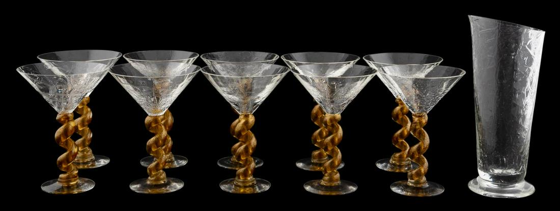 11 PCS, MARTINI SET, PITCHER & GLASSES, SIGNED: Set of ten artist signed martini glasses and pitcher. Glasses with gold twisted stem. Signed and dated 2000 underneath. Approx. h. 10.25" (pitcher), h. 7" (glass).