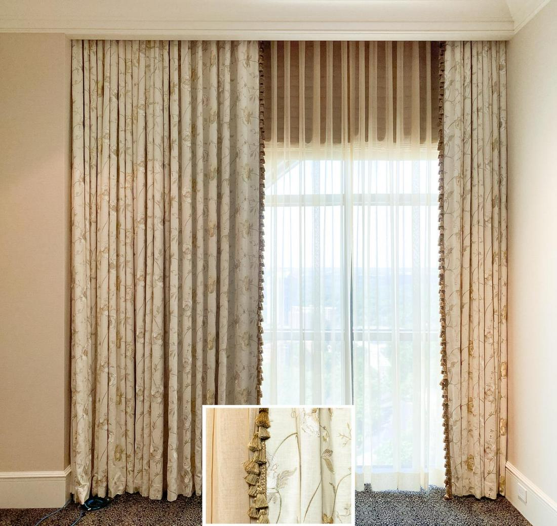 2 COVINGTON EMBROIDERED DRAPERY PANELS, 2 SHEERS: Group of four designer drapery panels comprising of Covington Tassinari embroidered linen (color 101 antique white) panels having blackout interior and tassel edges, and Architex Swiss batiste in whea