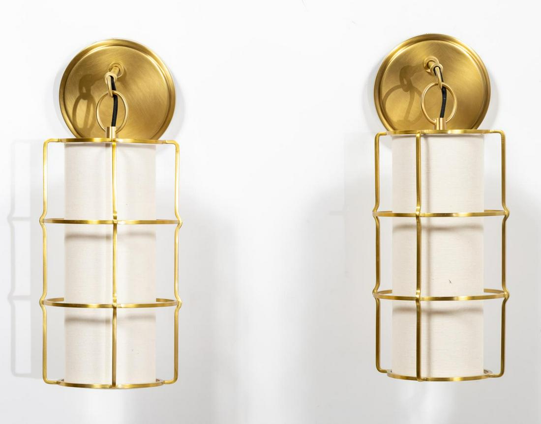 PAIR, BRASS & LINEN 'SOVEREIGN' CAGE FORM SCONCES: Hudson Valley Lighting Group, American, (founded late 20th century), contemporary. Pair of 'Sovereign' cage form wall single light wall sconces, each having a circular backplate, linen covered shade a
