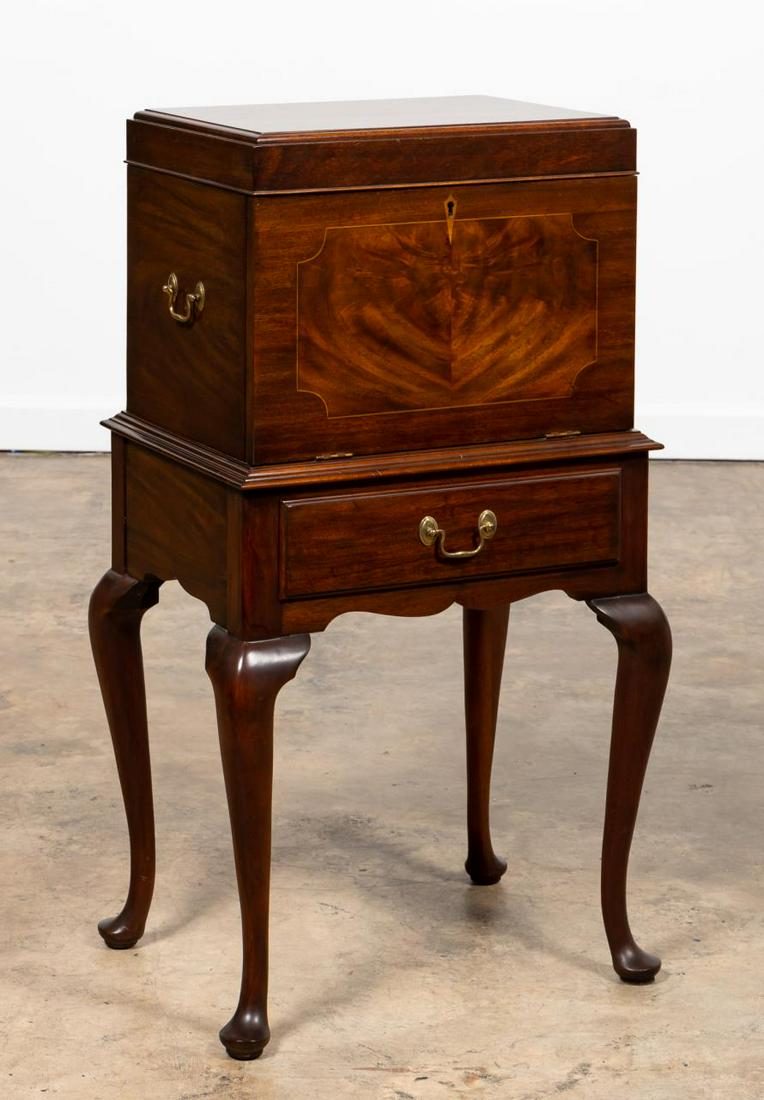HENKEL HARRIS, VIRGINIA GALLERIES SILVER CHEST: Henkel Harris, 20th century. Mahogany Queen Anne style silver chest with drawer surmounted by lift top and drop front revealing three drawers and removable tray, all lined with pacific cloth. Approx. 