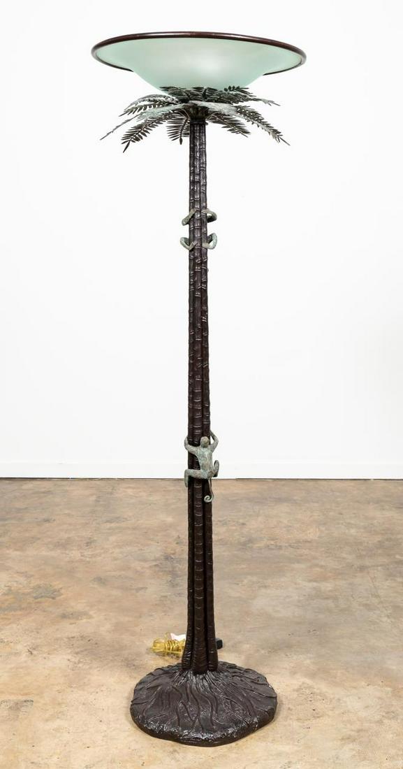 MAITLAND SMITH PALM TREE & MONKEY FLOOR LAMP: Maitland Smith, 20th century. Patinated metal palm tree floor lamp with climbing monkeys. Maitland Smith label underneath. Approx. h. 80.5", shade dia. at opening 24"