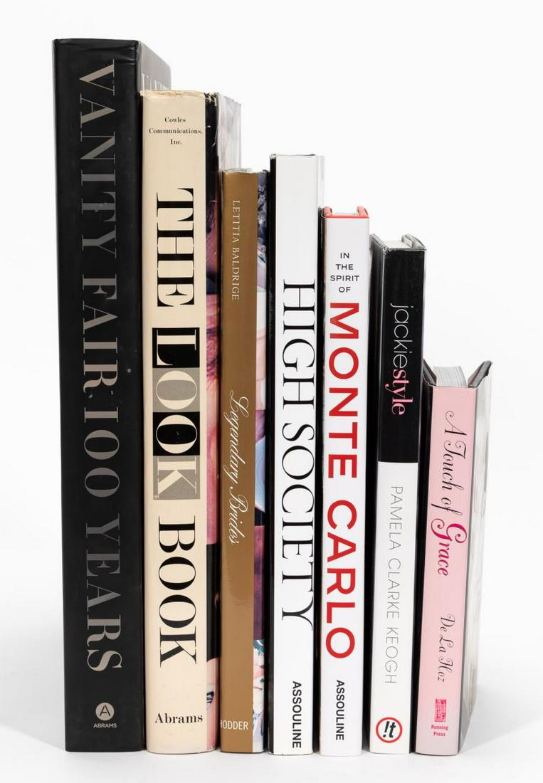7 VOLUMES, SOCIETY & CELEBRITY HARDCOVER BOOKS: Eleven hardback volumes with dustjackets on topics including, Monte Carlo, Grace Kelly, Jackie Kennedy Onassis, Vanity Fair, and Look Magazine. Approx. h. 14.25" (tallest).