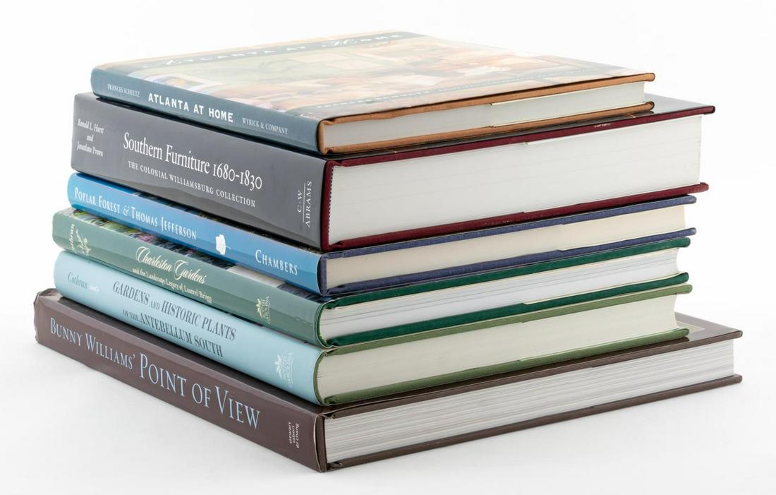 6 PCS, HARDBACK SOUTHERN DECORATIVE ARTS BOOKS: Six hardcover titles on Southern subjects comprising Bunny Williams "Point of View", Colonial Williamsburg "Southern Furniture", James Cothran "Gardens and Historic Plants of the Antebellum South" and