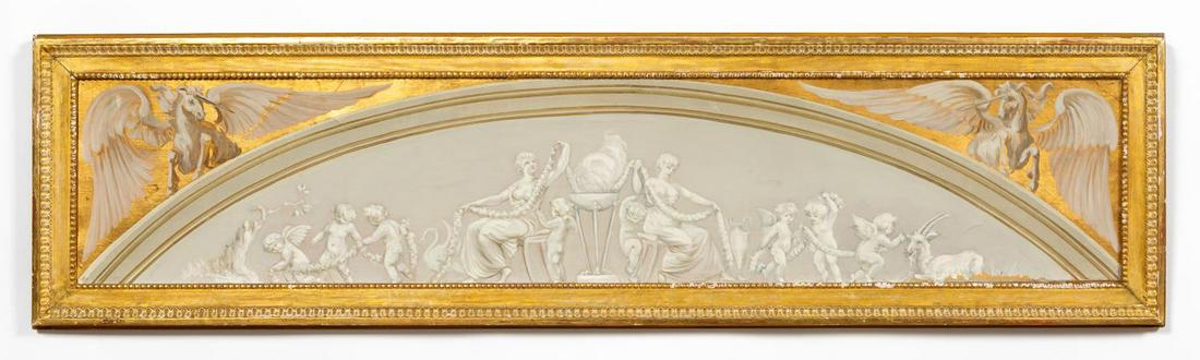 NEOCLASSICAL MYTHOLOGICAL PAINTING, GILTWOOD FRAME: Continental school (early 19th century).Oil on canvas painting depicting goddesses and putti creating floral swags under two pegasus or winged unicorns, possibly originally integrated into a wall as p