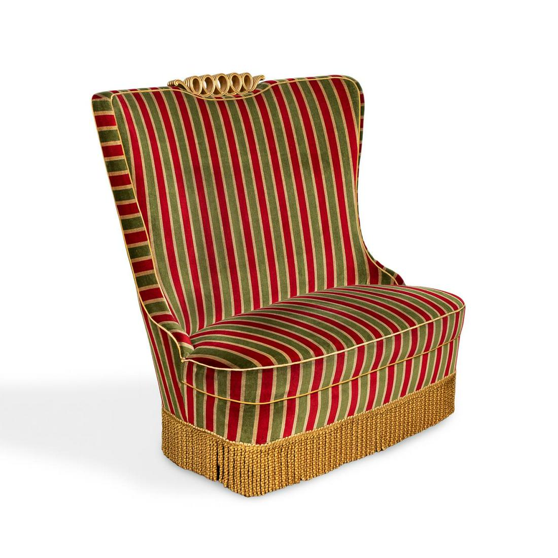 OSVALDO BORSANI C. 1940S STRIPED LOVE SEAT: Osvaldo Borsani (Italian, 1911-1985), circa 1940. Striped high back settee with braided fringe and carved gilt wood spiral accent. Apparently unmarked. Provenance: Acquired from Fred Silberman, New Yo