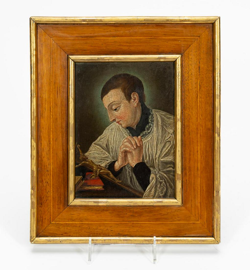 RELIGIOUS ICON, OIL ON COPPER, FRAMED, 1776: Continental school (18th century). Oil on copper Roman Catholic religious icon of St. Aloysius Gonzaga, praying to a crucifix. Dated 1776 and inscribed "H. GREUER. F / AN 1776" verso. Approx. 13" x 11