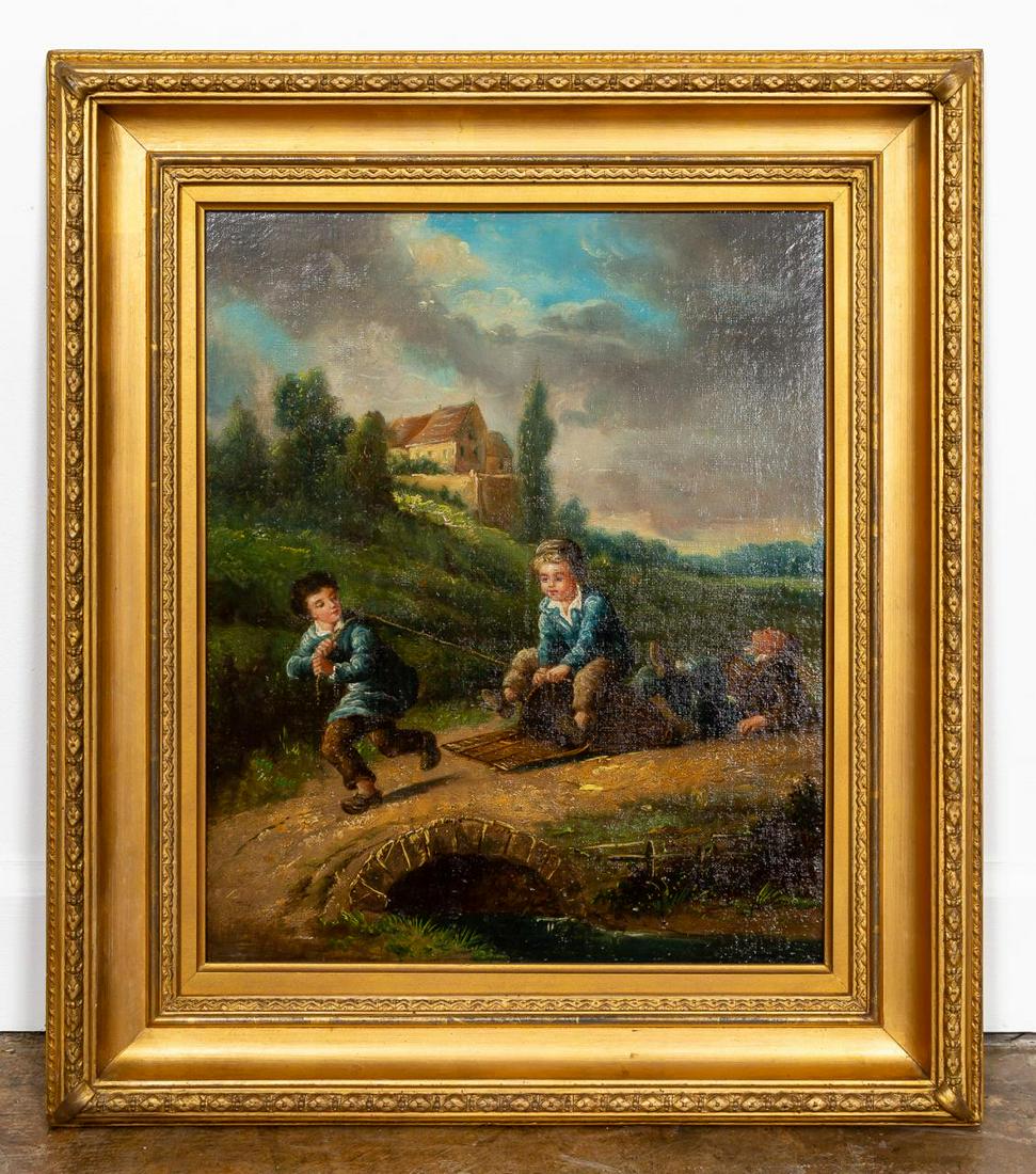 CONTINENTAL SCHOOL, BOYS PLAYING, GILTWOOD FRAME: Continental school (19th/early 20th century). "Boys Playing", oil on canvas depicting three boys improvising a sled out of a basket, possibly one they are supposed to be using for work.. Apparently un