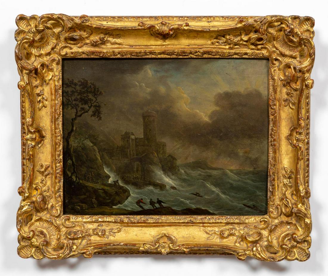 CONTINENTAL, SHIPWRECK NAUTICAL, GILTWOOD FRAME: Continental school, 19th century. "Shipwreck", oil on panel depicting rescuers pulling sailors out of the sea during a storm on a rocky coast with a castle. The disabled ship sits in the sea to the ri