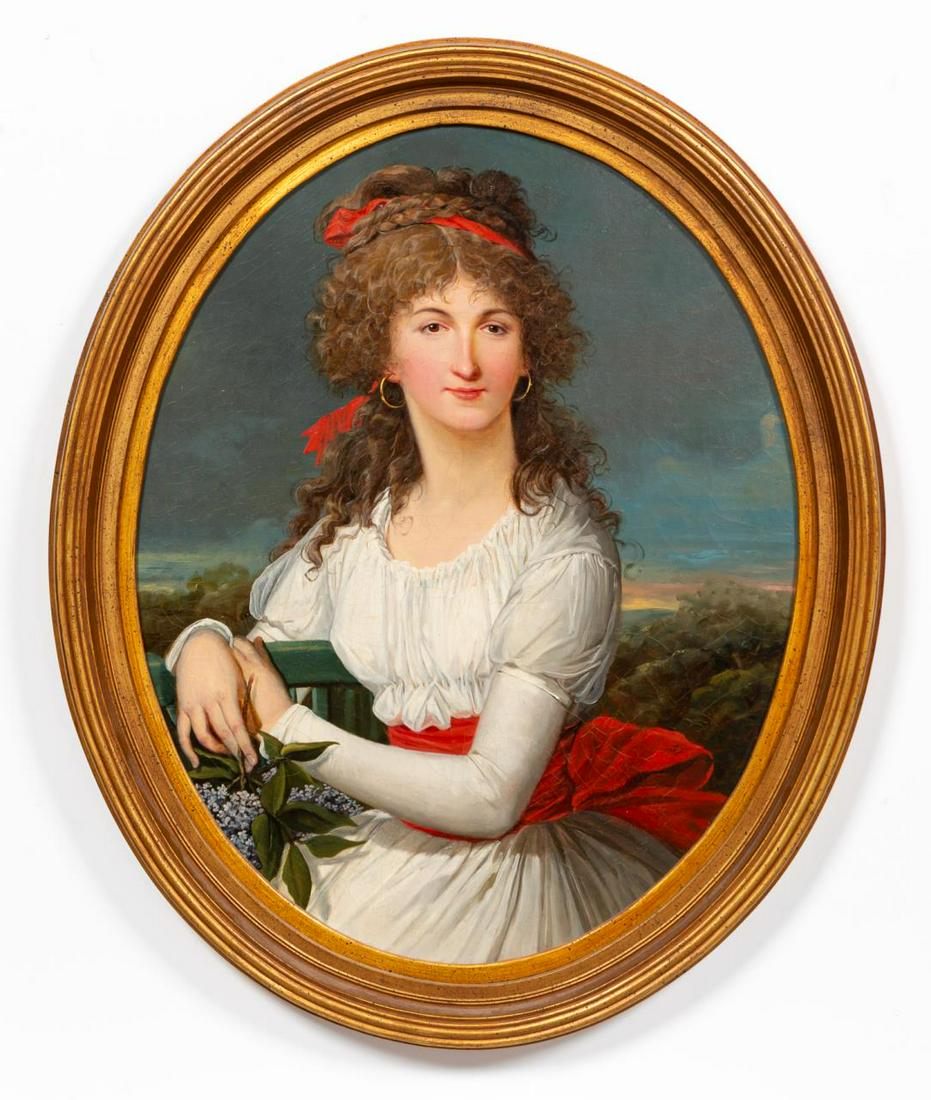 19TH C, PORTRAIT, LADY IN WHITE DRESS AND RED SASH: Continental school, 19th century. "Portrait of a Lady", oil on oval canvas depicting a young lady in a white dress holding a flower, possibly from the rhododendron genus. Apparently unsigned. Approx. 