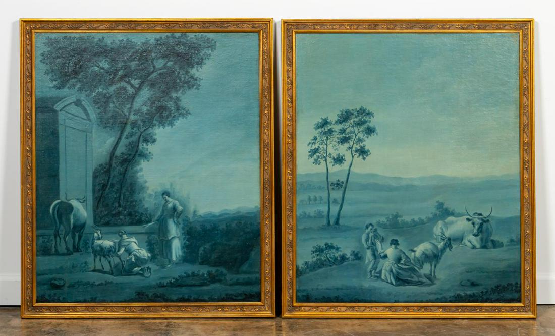 CONTINENTAL SCHOOL, LANDSCAPES WITH ANIMALS: Continental school (early 20th century). Pair of oil on canvas classical animal husbandry scenes. Unsigned. Framed, probably originally installed as panels of a mural. Approx. 42" x 35.75" (frame), 38