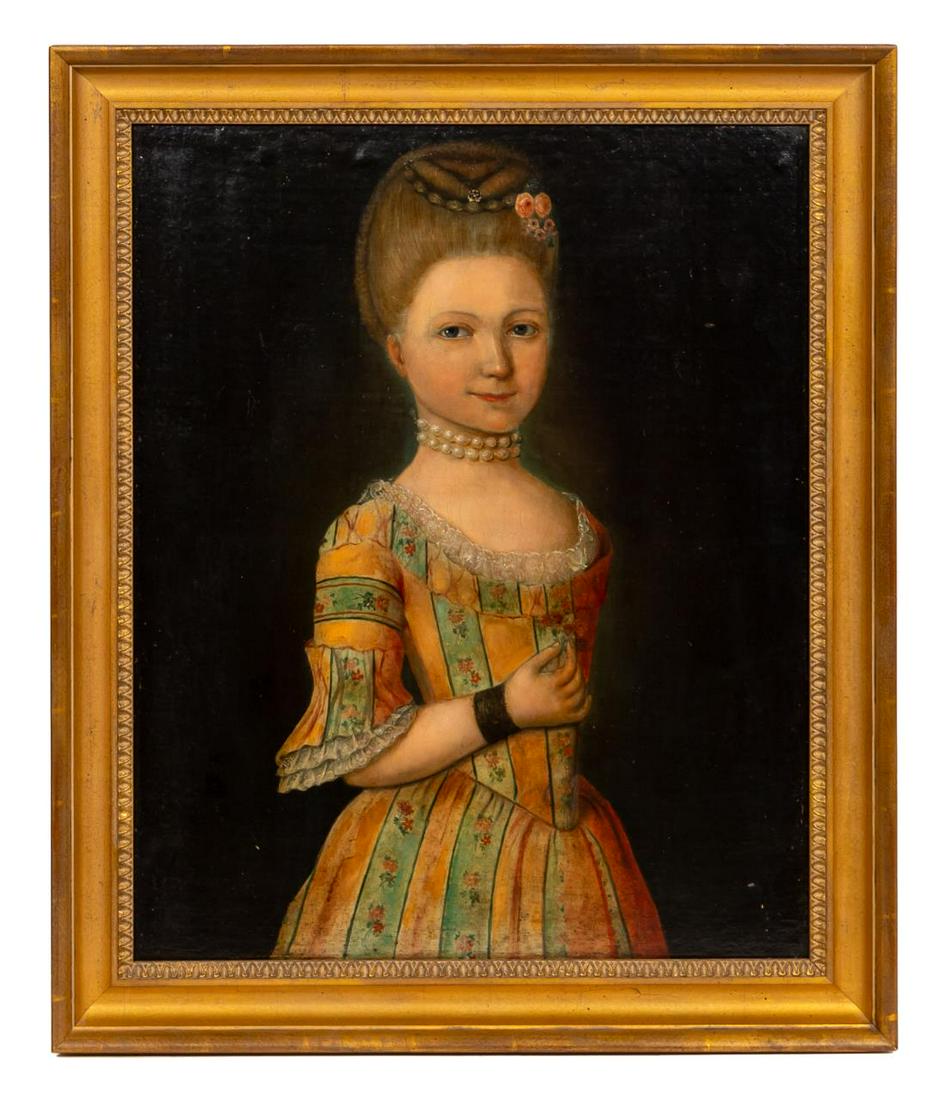 CONTINENTAL PORTRAIT OF A YOUNG WOMAN, FRAMED: Continental school (19th century). "Portrait of a Young Woman Holding a Sprig of Flowers", oil on canvas laid on board. Unsigned. Approx. 31" x 26" (frame), 26.75" x 22" (board)