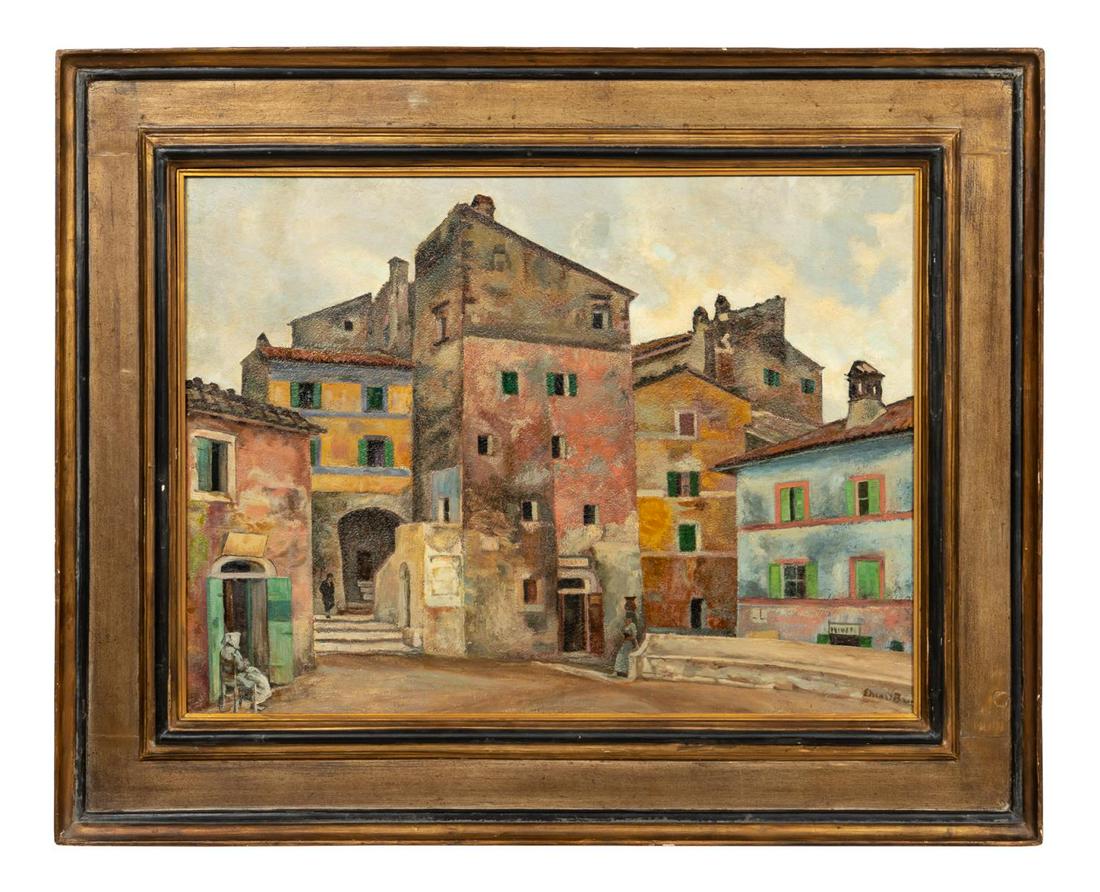 MEDITERRANEAN CITYSCAPE OIL PAINTING, FRAMED: Continental school (mid-20th century). "Mediterranean Village", oil on board. Signed illegibly lower right. Approx. 27" x 33.5" (frame). 19.75" x 26.25" (board)