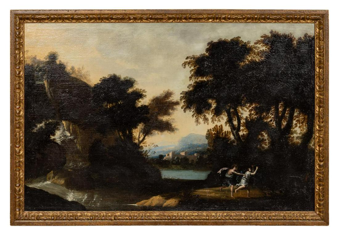 CONTINENTAL, OIL ON CANVAS, LANDSCAPE, 18TH C: Italian school (18th c). "Frolicking Lovers in a Fanciful Landscape", oil on canvas. Apparently unsigned. Approx. 38" x 56" (frame), 34" x 52" (canvas)