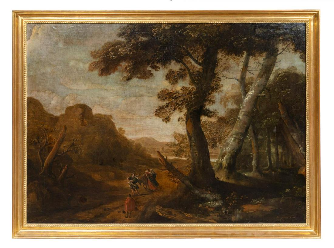 CONTINENTAL SCHOOL, TRAVELERS, GILTWOOD FRAME: Continental school (18th c). "Travelers in an Elaborate Landscape", oil on canvas. Apparently unsigned. Approx. 47.25" x 63.75" (frame), 43" x 59" (canvas)