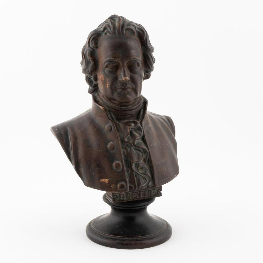 BUST OF GOETHE, PAINTED TERRACOTTA, 19TH C.: Continental School, 19th century. "Bust of Goethe", painted terracotta. Inscribed "R.U. 1871/Deponirt" and "USC/132" underneath socle. Provenance: Deaccession from the Mobile Museum of Art in Mobile, 