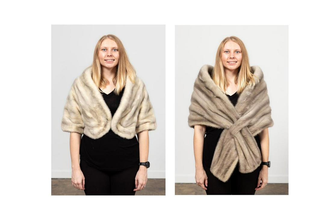 VINTAGE WHITE MINK STOLE & GRAY JACKET: American, mid-20th century. Group of two vintage ladies mink fur apparel items comprising a grey stole, and a white bolero type short jacket. "Capitol Fur Shop/Washington D.C." label to the lining of 