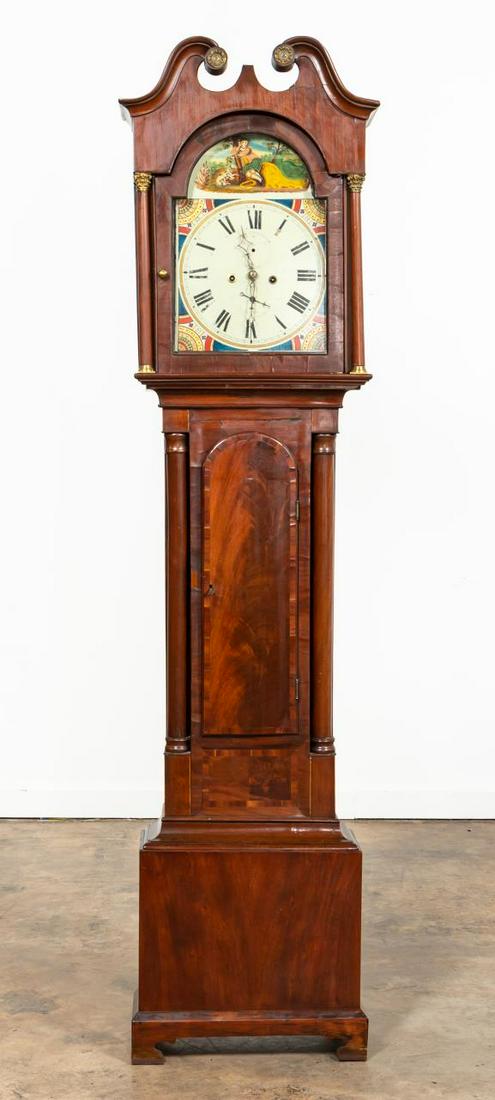 E. 19TH C. ENGLISH GEORGE III LONGCASE OAK CLOCK: English, early 19th century. George III mahogany and oak longcase clock with roman numeral hand painted dial and figural scene. Maker's mark and town has flaked off. Approx. h. 85.5", w. 19", d. 9"