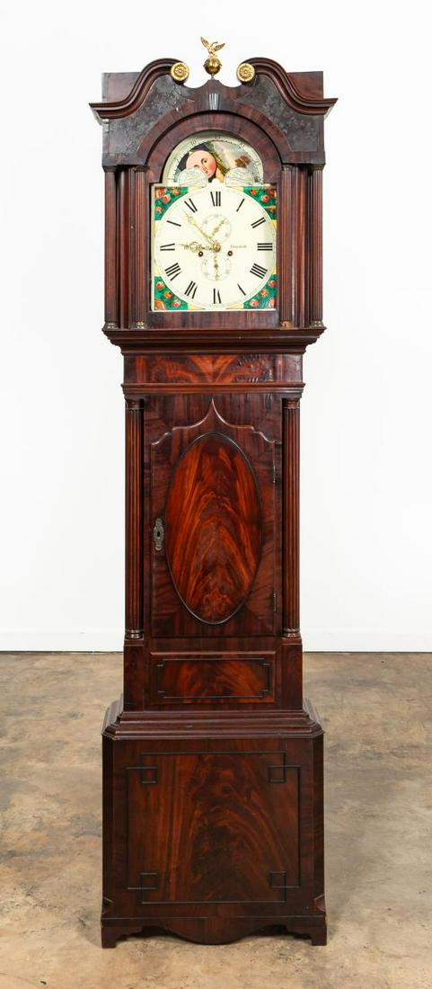 E. 19TH C. ENGLISH GEORGE III LONGCASE CASE CLOCK: English, early 19th century. George III style mahogany longcase clock with R. Winstanley, Ormskirk, 30 day moon phase hand painted dial and works. Accompanied by weights. Marked to dial. Approx. h. 96