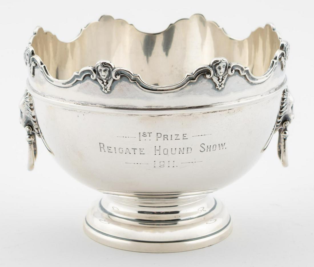 1908, CHESTER, STERLING MONTEITH DOG SHOW TROPHY: Jay, Richard Attenborough and Company, Chester, 1908. Sterling silver monteith, lion ring handles, inscribed "1st Prize Reigate Hound Show 1911". Appropriately marked. Approx. h. 4.5", dia 6", 12.7 oz