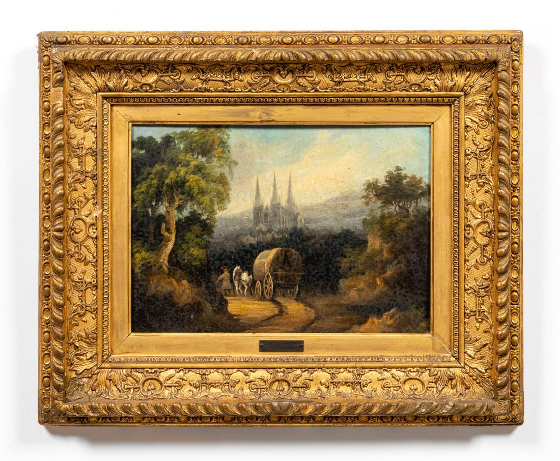 ENGLISH, LICHFIELD CATHEDRAL, GILTWOOD FRAME: British school, early 19th century. "Lichfield Cathedral Landscape", oil on panel. Apparently unsigned, identified on plaque. Approx. 17.5" x 21.5" (frame), 10" x 13.75" (panel)