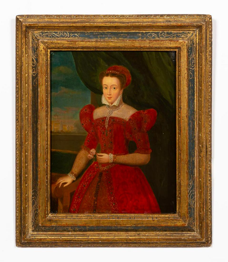 MARY QUEEN OF SCOTS, OIL ON PANEL, GILTWOOD FRAME: British or Continental school, 18th century. "Mary, Queen of Scots", oil on panel, Apparently unsigned, old labels describing Mary and her lineage, and possible attributions, with Butterfield's label