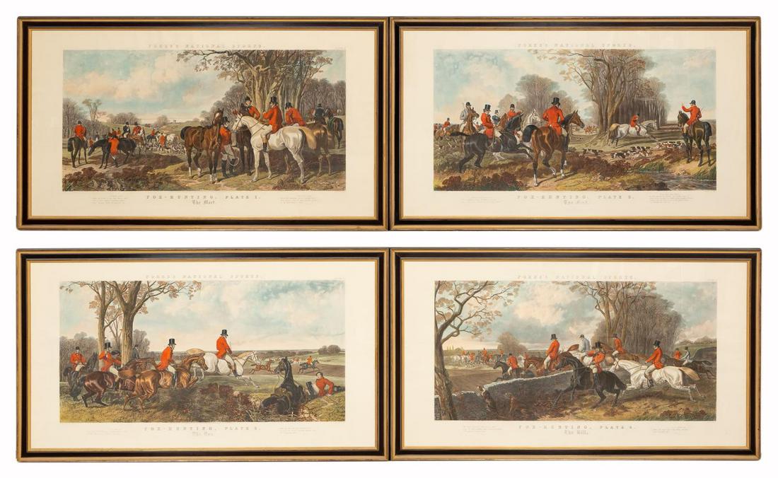LARGE FOX HUNTING SCENES, AFTER JF HERRING, FRAMED: After After John Frederick Herring Sr. (British, 1795-1865). Set of four fox hunting aquatints from "Fore's National Sports" comprising plate one "The Meet", plate two "The Find", plate three "The Run