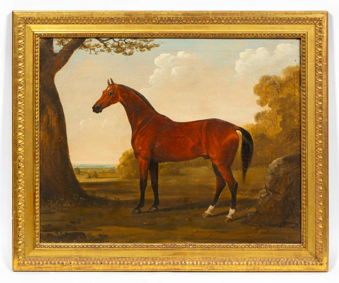 19TH C, EQUESTRIAN PORTRAIT, GILTWOOD FRAME: American or British school, 19th century. "Chestnut Race Horse in a Landscape", oil on canvas. Apparently unsigned. Approx. 28" x 34.5" (frame), 23" x 29" (canvas)