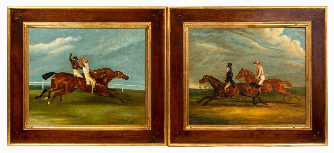 PAIR, EQUESTRIAN RACING SCENES, GILT & WOOD FRAMES: B. Molyneux (Continental, 20th century). Pair of horse racing scenes, oils on canvas. Signed lower right, framed as a pair in wooden flat panel and giltwood frames. Approx. 28" x 31.75" (frame)