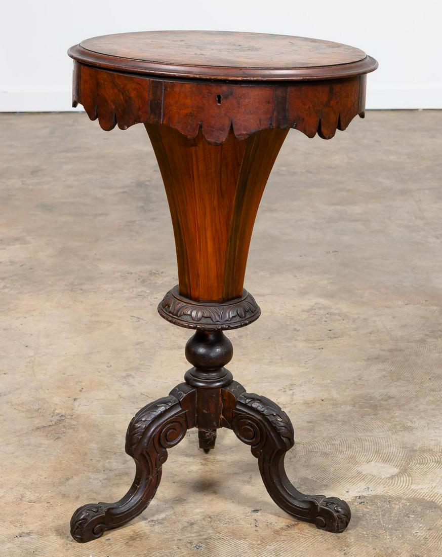 19TH C. VICTORIAN BURL MARQUETRY INLAID WORK TABLE: English, 19th century. Burl walnut and rosewood marquetry inlaid work or sewing table having a flip-top, tapering body, and rising on three acanthus carved cabriole legs. Unmarked. Approx. h. 29.5", d
