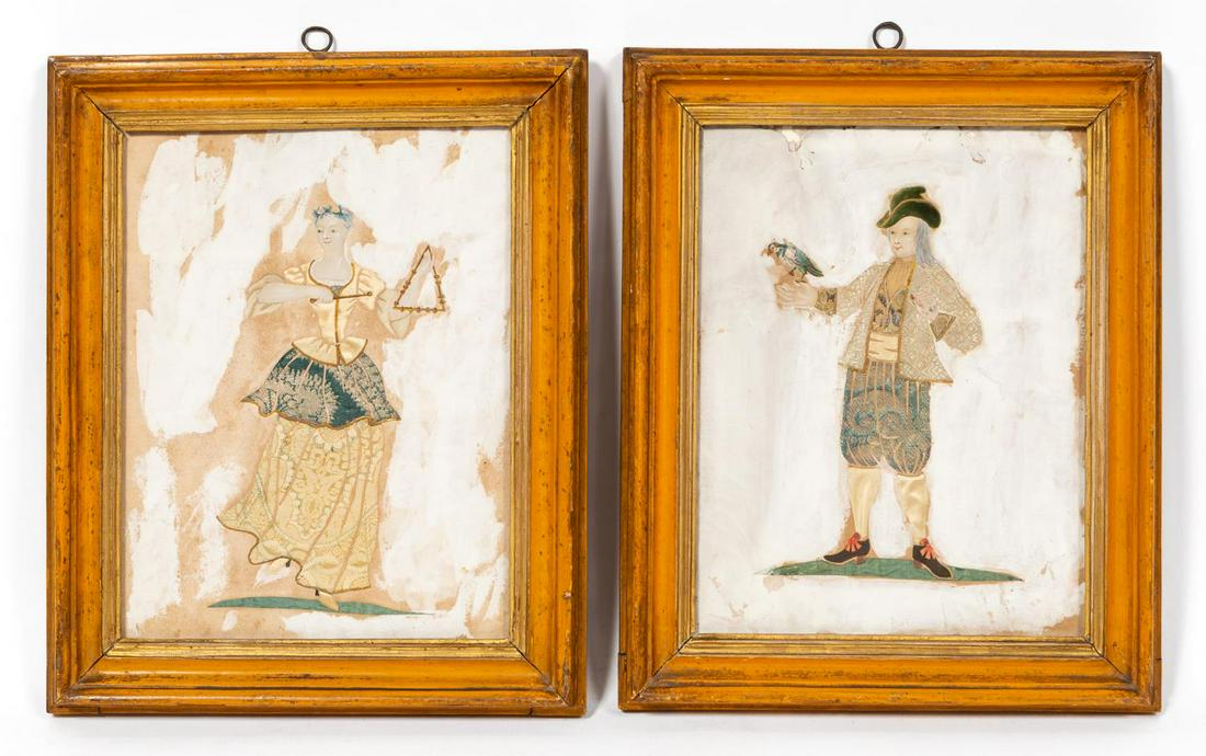 PAIR, 19TH C, FABRIC & PAPER COLLAGES, FRAMED: Continental school, 19th century. Pair of collages of two figures, man with a parrot and dancing lady playing a triangle. Mixed media with layers of embroidered fabrics and paper with paint. Unsigned,